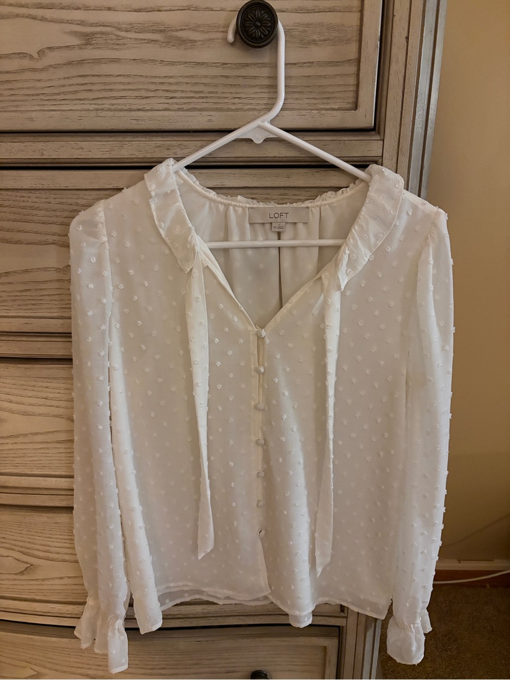 LOFT White Swiss Dot Ruffle Neck Tie Front Long Sleeve Blouse XS Cottagecore Rom